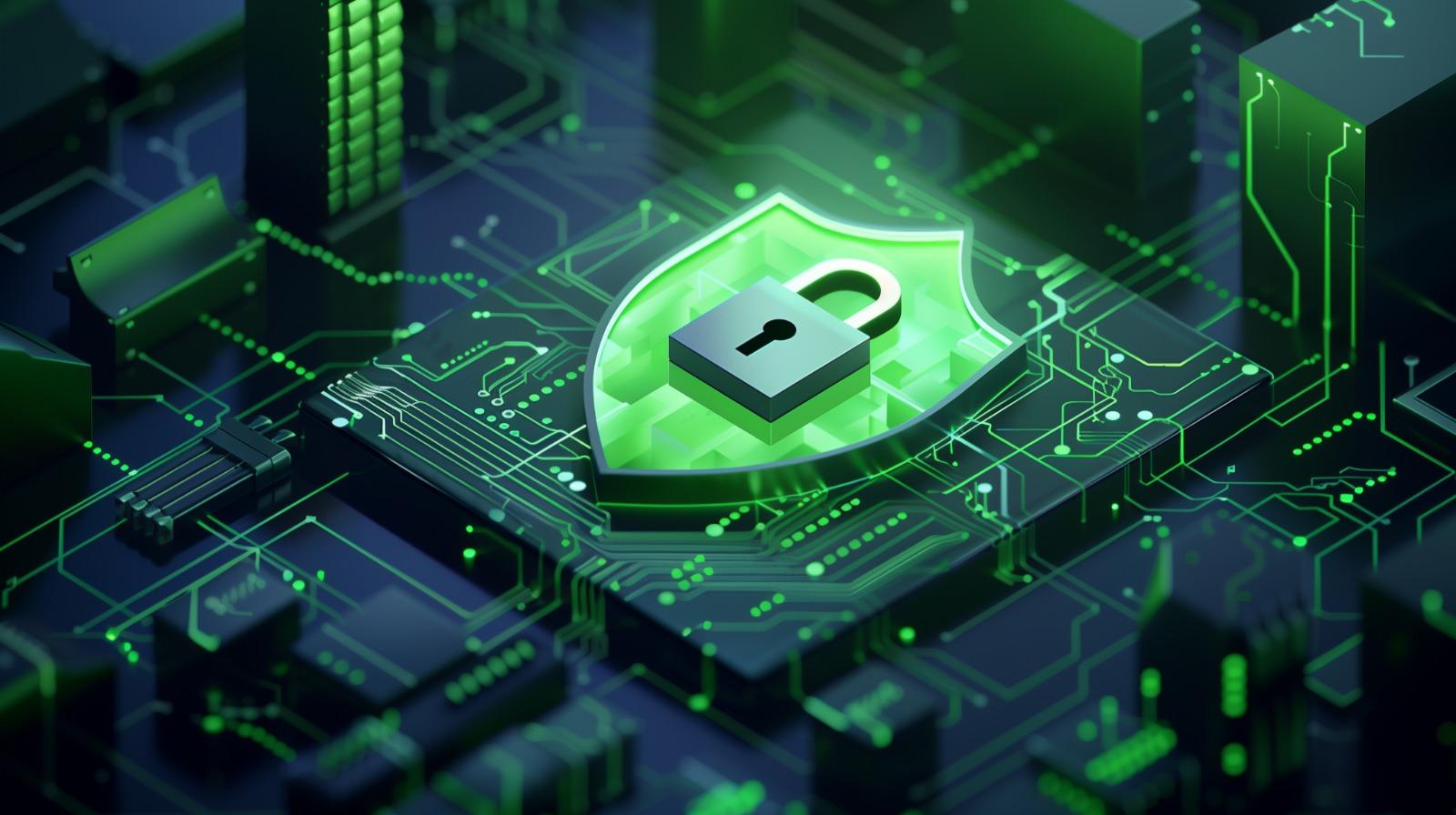 Glowing green cybersecurity shield and padlock on a circuit board